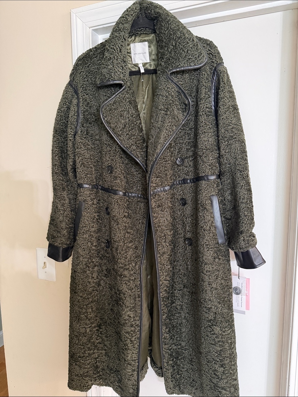 Avec Les Filles Olive Teddy Coat with Black Trim